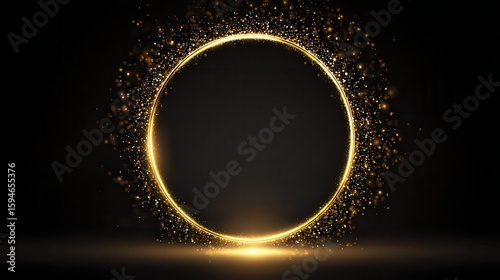 Golden glowing circle frame with glitter sparkle on black background. Realistic vector illustration of neon light round element with gold shiny sparks and reflection. Bright flare.