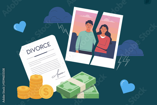 Divorce and its Emotional Toll: A poignant visual depiction of the emotional and financial strains of divorce, using symbolic imagery to convey heartache.