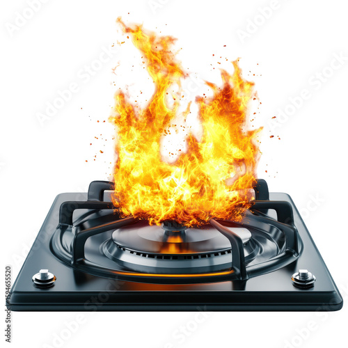 Bright, Lively Flames Erupting from a Gas Stove Burner in a Modern Kitchen Setting on transparent background