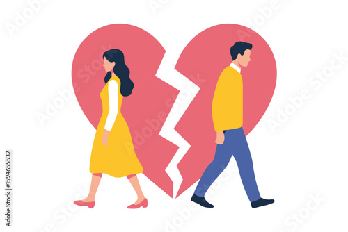 Broken Bonds: A poignant depiction of emotional detachment, with figures walking away from a fractured heart symbol. A visual representation of separation, heartbreak, and the end of a bond.