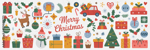 Festive Christmas Elements: A collection of whimsical Christmas elements, from ornaments and gifts to reindeer and snowman, arranged in a charming and inviting holiday scene. 