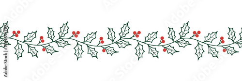 Evergreen Foliage Border: A beautiful image of evergreen foliage with its vibrant leaves, and vivid red berries, meticulously arranged in a seamless border, to create a sense of festive joy