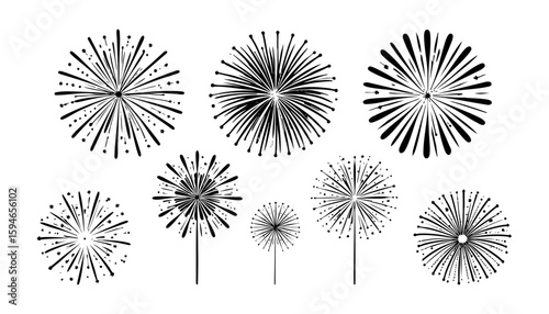 Black fireworks designs on a white background suitable for celebrations, Fourth of July, New Years Eve, festive events, party invitations.