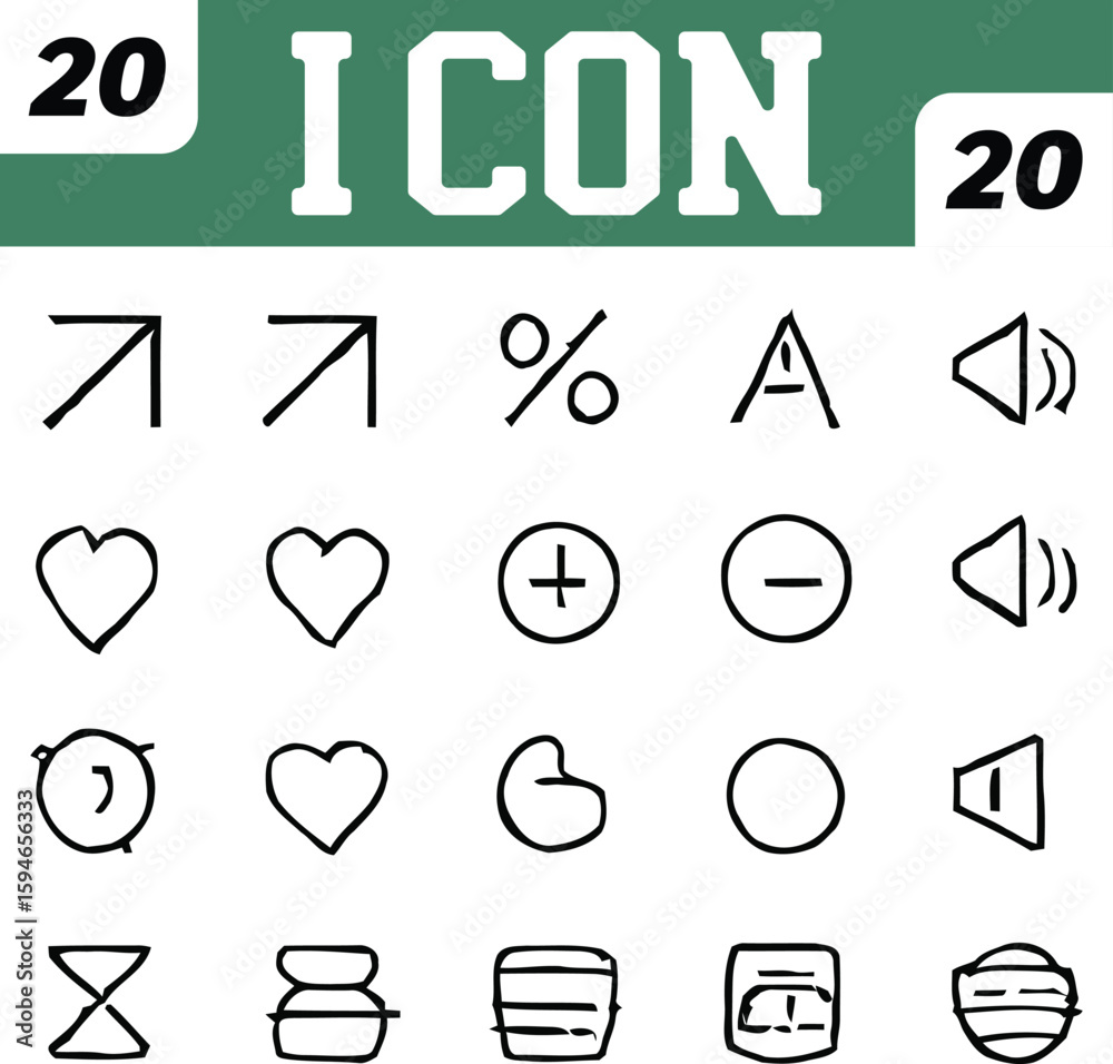 Fototapeta premium Twenty Hand Drawn Black and White Icons on a White Background