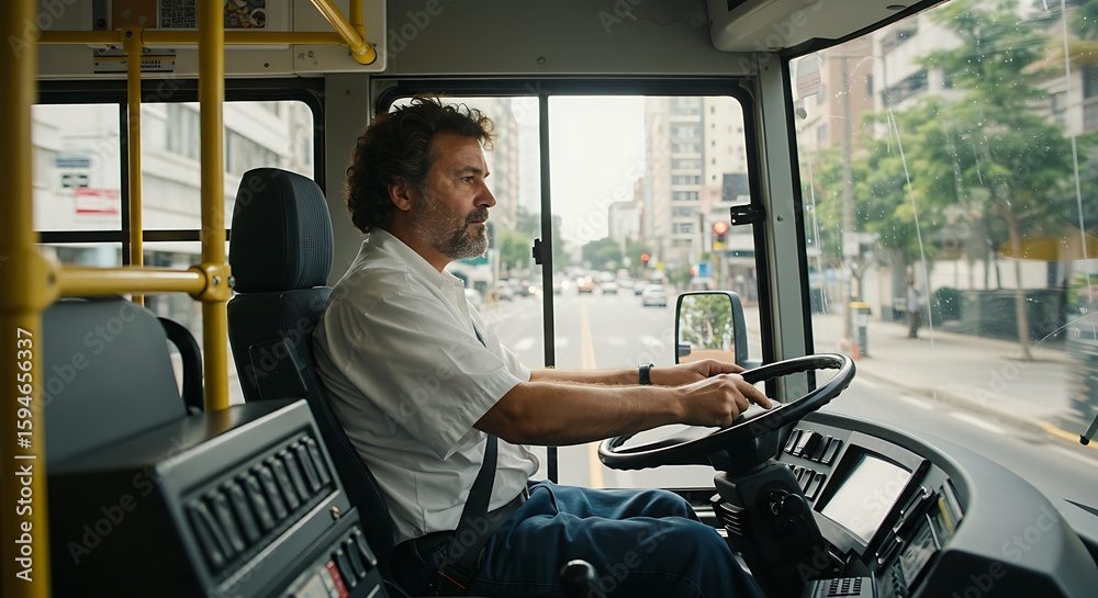 Obraz premium Driving Bus on City Street Public Transportation