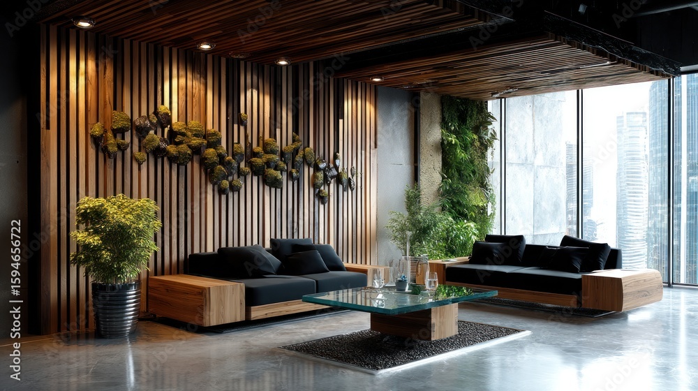 Fototapeta premium Modern living room with wooden accents and a living wall.