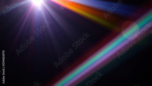 Blurred rainbow refraction overlay effect. Light lens prism effect on black background. Holographic reflection, crystal flare leak shadow overlay. Colorful rainbow disco ball light
