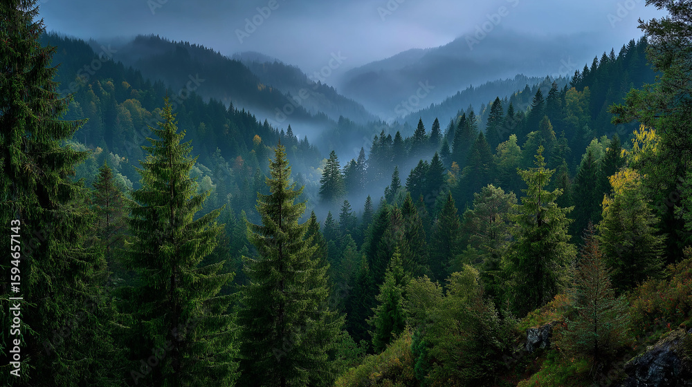 Fototapeta premium Mystical Forest Landscape: An awe-inspiring vista of a lush, verdant forest draped in a tranquil, ethereal mist. The image showcases the majestic, layered hills beneath an overcast, moody sky.