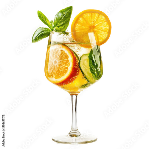 Refreshing Citrus Basil Mocktail in a Stylish Glass with Fresh Garnishes on transparent background