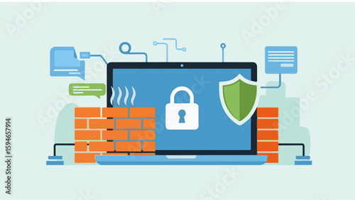 Firewall protection on laptop display illustrates cyber security and digital protection concepts, symbolizing secure data and network safety with a lock icon.