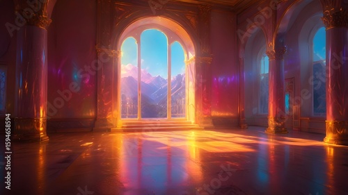 Grand hall opulent architecture marble columns arched windows mountain view radiant light glossy floor