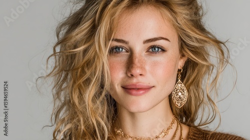 Young woman with curly hair and earrings posing for a close-up portrait in a neutral background during daylight