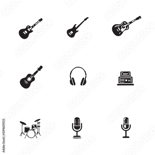 Silhouetted musical instruments and equipment showcase a collection of audio essentials.