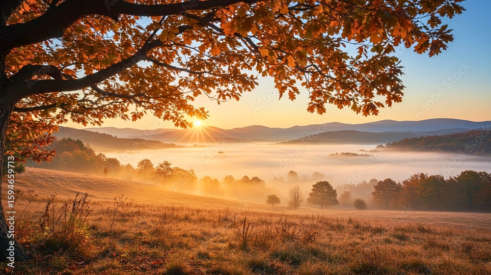 Obraz premium Autumn Sunrise Over the Valley A Tranquil Landscape with Golden Light and Mist