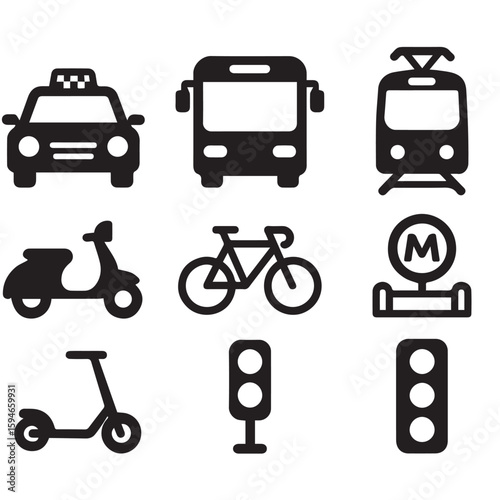 Collection of transportation icons in black provides a simple way to get around the city.