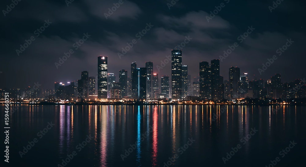 Fototapeta premium Vibrant Urban Night Skyline With Illuminated Skyscrapers Reflected In Calm Water