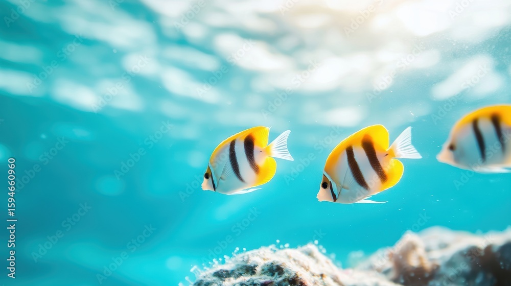 Fototapeta premium Underwater School of tropical fish moving together in perfect harmony near a coral reef.