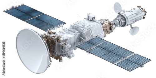 Detailed Space Satellite with Solar Panels and Antennas on Transparent Background