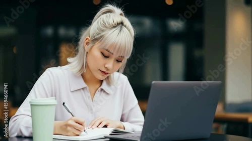 Woman with laptop writing in notebook at desk with coffee cup nearby hd video , 4k video, mp4 video