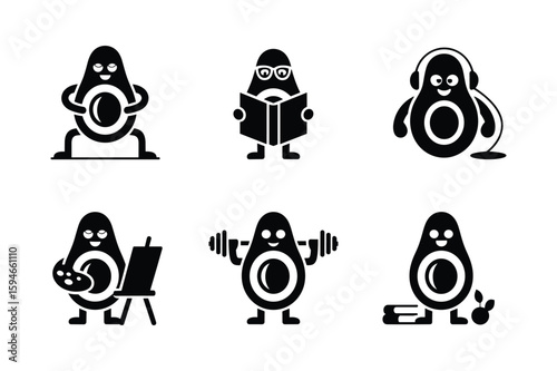Anthropomorphic avocados engaged in various activities fruit character