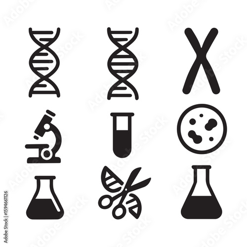 Science and genetics elements are displayed in this black and white vector graphic set
