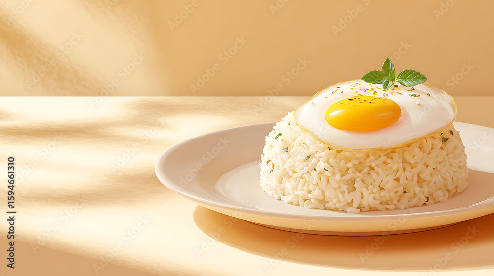 Fototapeta premium Garlic rice with sunny side up egg and mint garnish