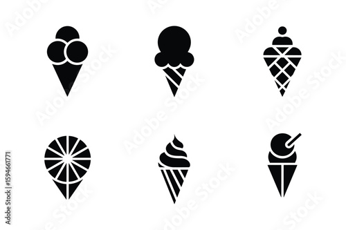 Black ice cream cone icons with various designs and toppings cones scoops