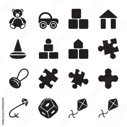 Playtime icons showcase various classic kids toys and games in silhouette style