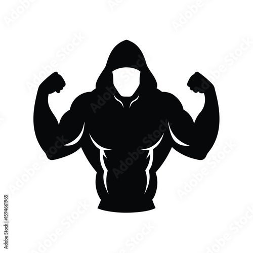 Powerful muscular man in hoodie athletic physique silhouette for fitness and sports designs