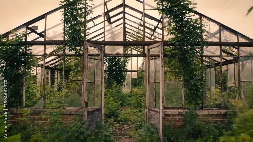 Abandoned greenhouse interior weathered wood and glass structures overgrown greenery Abandoned greenhouse interior weathered wood and glass structures overgrown greenery
