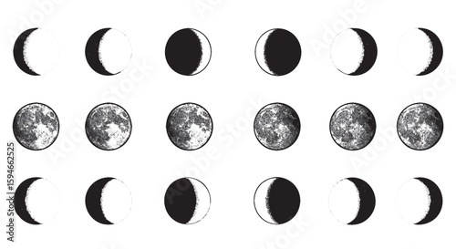 A minimalist vector icon sheet featuring the complete phases of the moon, from full moon to new moon.