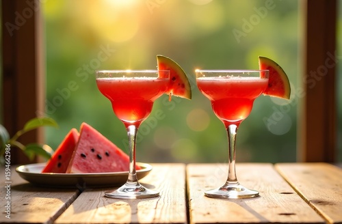 Watermelon cocktail stands in cute glasses against the backdrop of a summer evening, on a wooden table, vacation