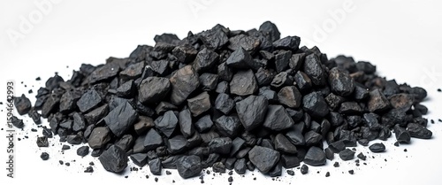 A dark, uneven pile of coal isolated on white,  black coal,  white