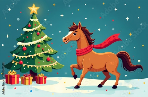 Illustration of a horse in a scarf and a Christmas tree with toys, New Year's card