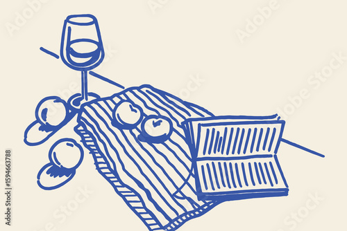 Wine glass, peaches and book on towel, loose sketch vector illustration