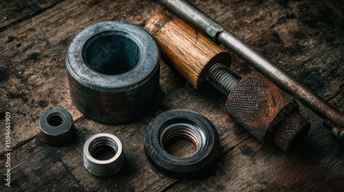 Rustic Mechanical Tools on Wooden Surface