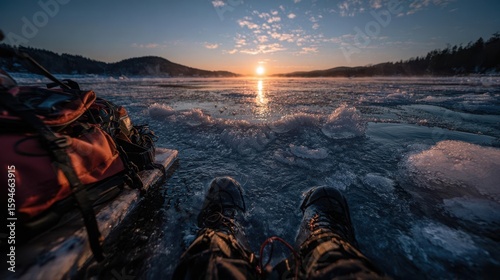 Winter Adventure on Frozen Lake at Sunset
