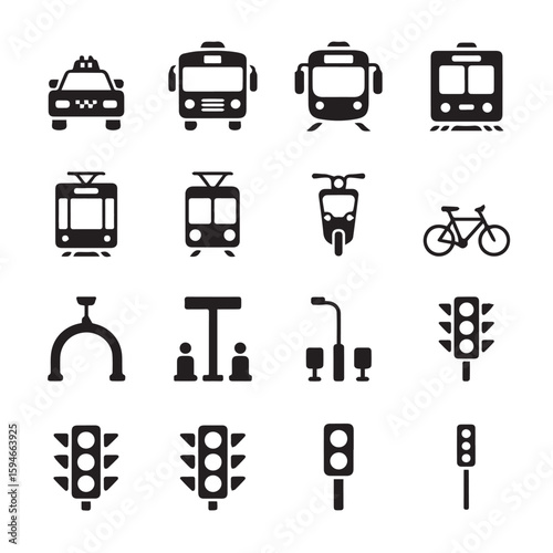 Seamless pattern showcasing black and white public transport icons on a white background.