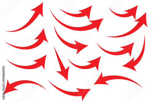 Red ,black Curved arrow set. Curved Arrows sign. Set of curved arrows isolated on white background. arrow twisted in various directions. Collection of pointers. Vector illustration