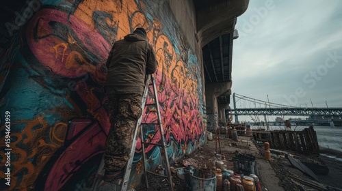 Urban Street Artist Creating Graffiti Under a Bridge