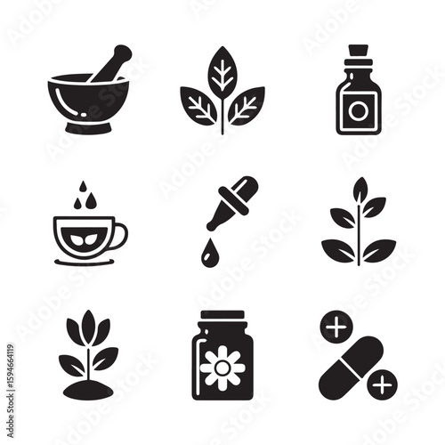 Natural medicine icons showcase herbal remedies and holistic healthcare elements