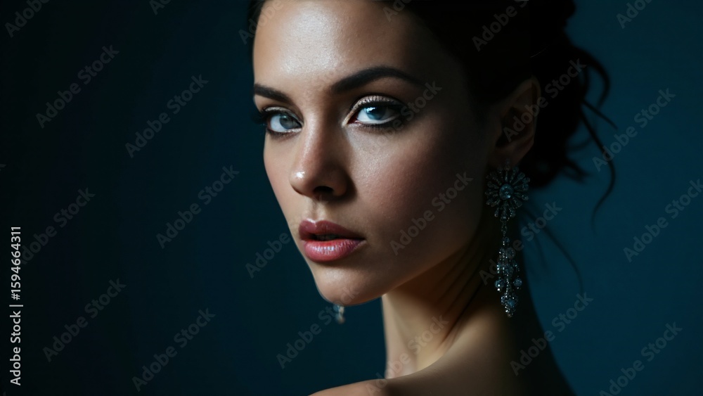 Fototapeta premium Elegant Woman with Blue Eyes and Dangle Earrings