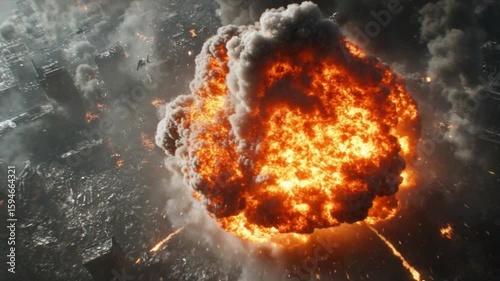Explosive Fireball Erupting Over a Fiery Urban Landscape
