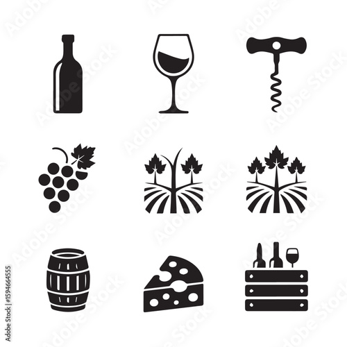 Elegant wine icons display featuring bottle, glass, grapes, and vineyard elements