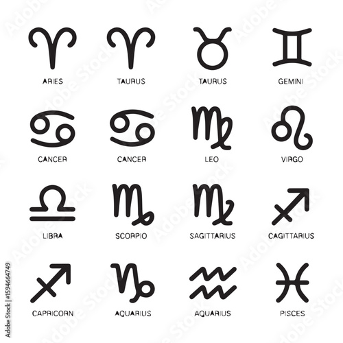 Astrological glyphs display all twelve zodiac signs in a simple black and white illustration.