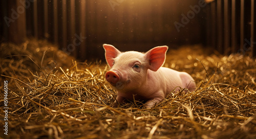 A pink piglet rests peacefully in a bed of golden hay within a rustic barn.