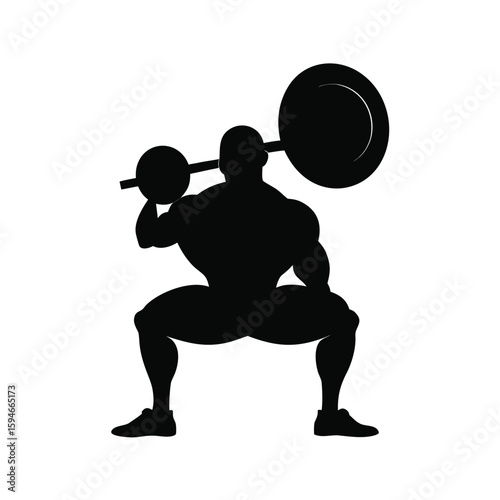 Powerful black silhouette of a muscular bodybuilder performing a deep squat exercise