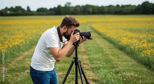 Photographer Photographing Field of Yellow Flowers with Tripod