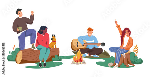 Happy friends sitting around bonfire at night camp, picnic. People with guitar at campsite in nature. Men and women at campfire near tents in campground on summer holiday. Flat vector illustration