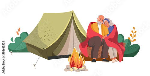 Happy elderly man and woman, family enjoy camping with tent and campfire. Senior people tourists resting outdoors with tent and campfire, camping adventure. Flat vector illustration isolated on white.